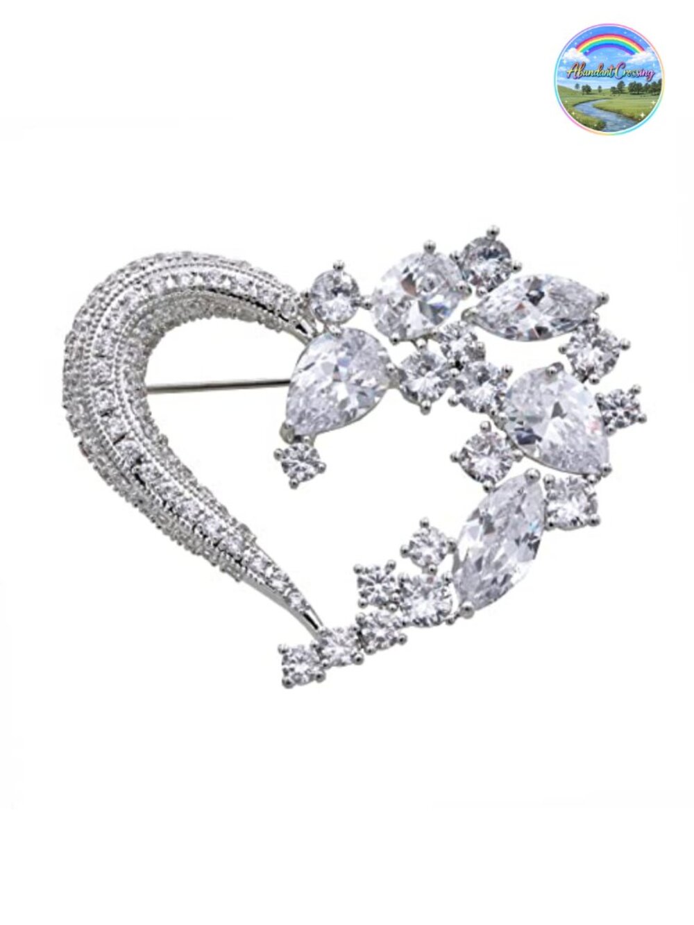 Flower Crystal Rhinestone Pearl Brooch Pin White Gold Plated Copper
